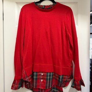 Crown & Ivy Twofer Tunic Sweater with Red Plaid Ruffled Accents Size M